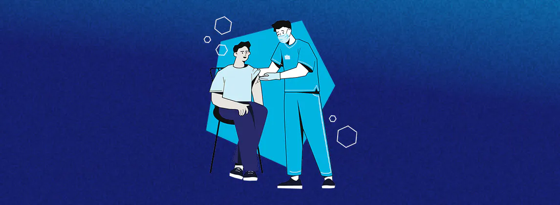 Illustration of a male patient receiving his first dose of EXDENSUR from a male nurse in blue scrubs Illustration of a male patient receiving his first dose of EXDENSUR from a male nurse in blue scrubs