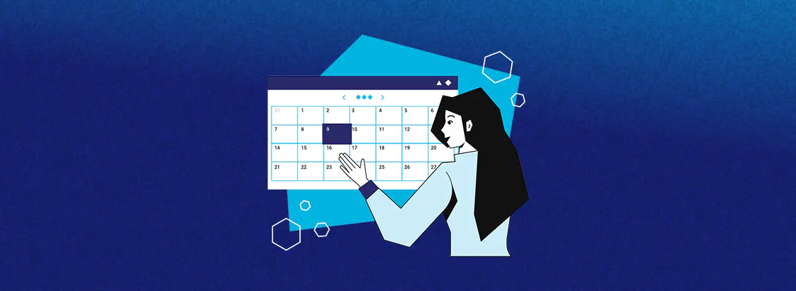 Illustration of a woman touching a calendar with a date highlighted in blue Illustration of a woman touching a calendar with a date highlighted in blue