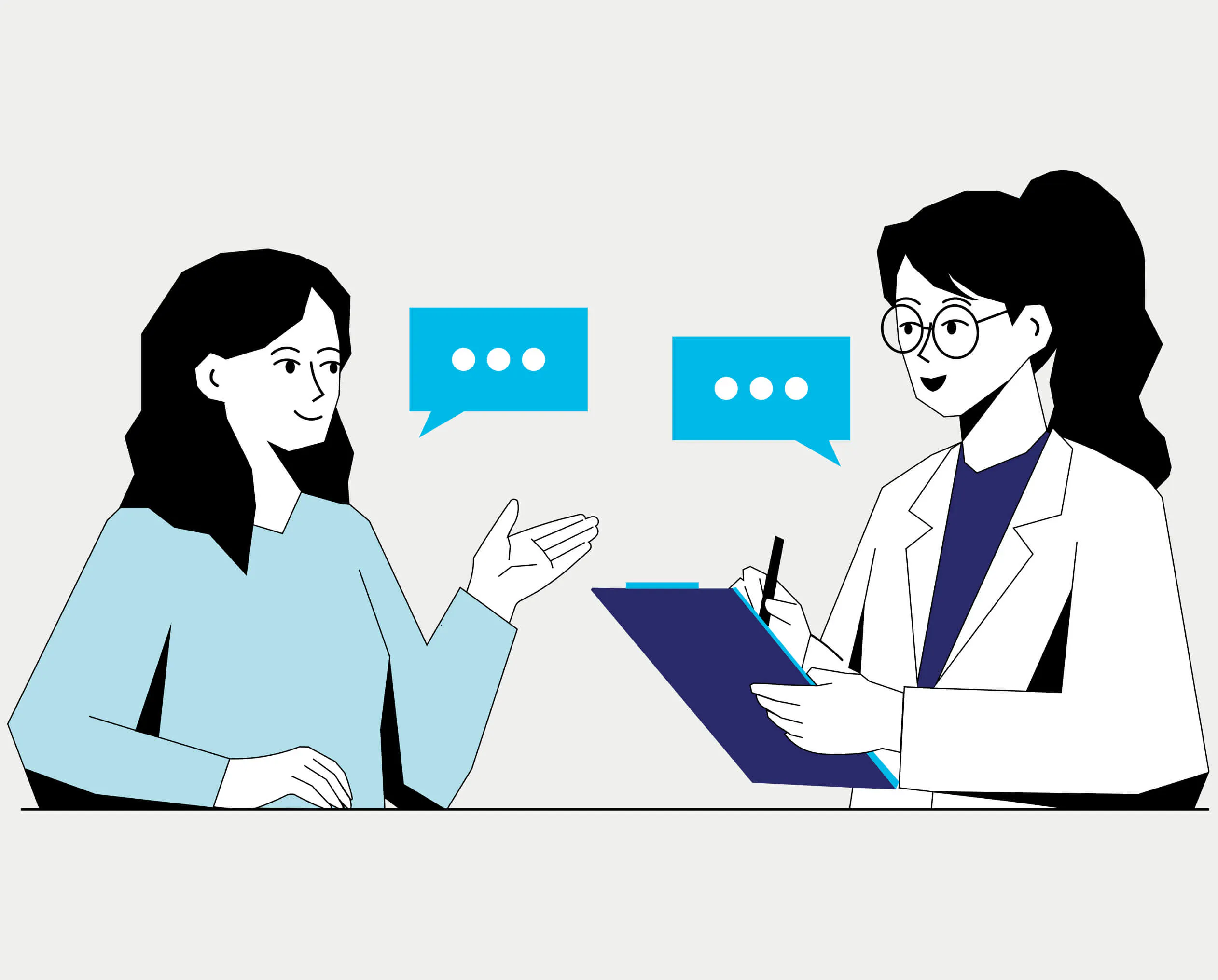 Illustration of a woman talking to her doctor as she writes on a clipboard Illustration of a woman talking to her doctor as she writes on a clipboard