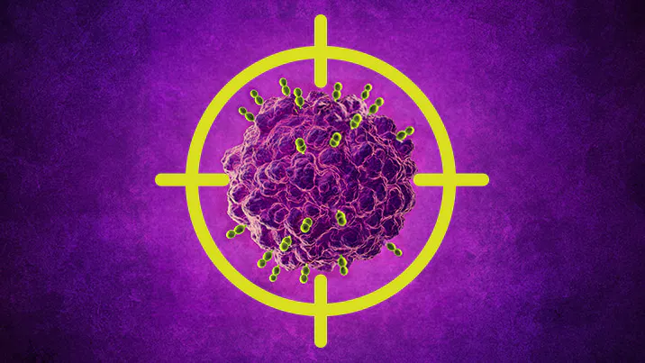 Tumor cell inside of a yellow crosshair target. Tumor cell inside of a yellow crosshair target.