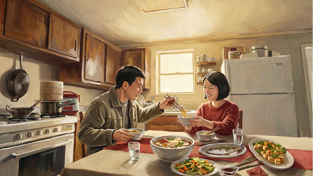 Smiling younger couple eating pho at their kitchen table Smiling younger couple eating pho at their kitchen table