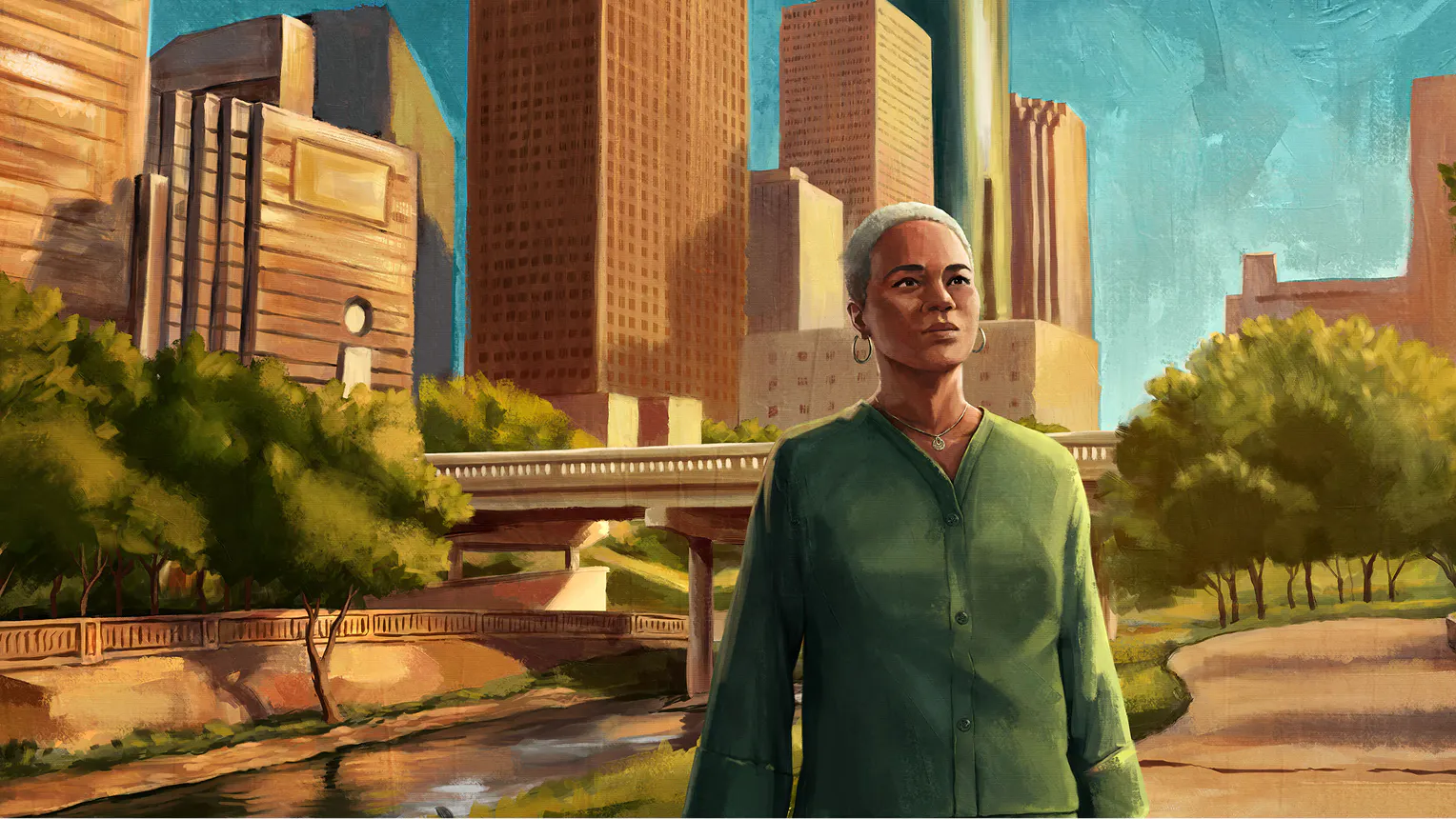 Older woman wearing a green sweater standing in front of a city skyline