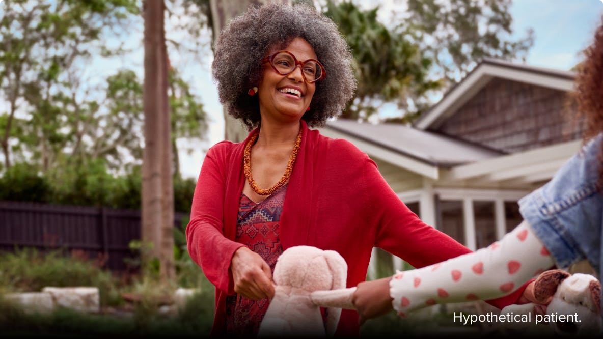 COPD patient Anna holding stuffed animals with her granddaughter COPD patient Anna holding stuffed animals with her granddaughter