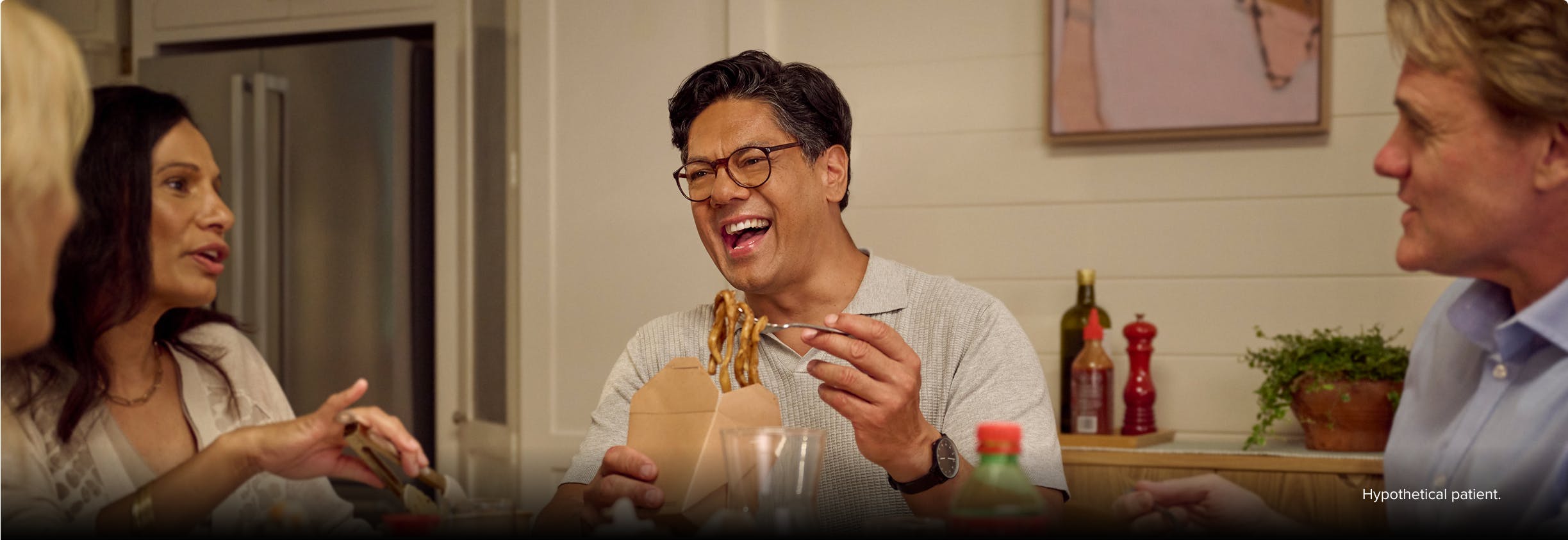 Nasal polyps patient Marco eating takeout with friends Nasal polyps patient Marco eating takeout with friends