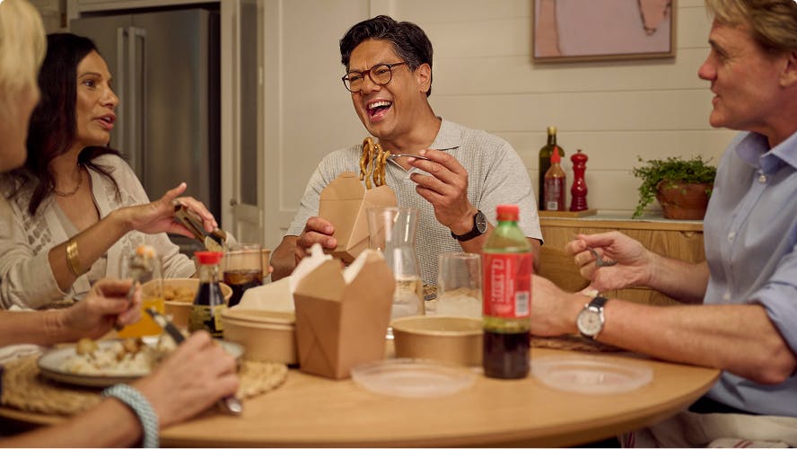 Nasal polyps patient Marco eating takeout food with three friends