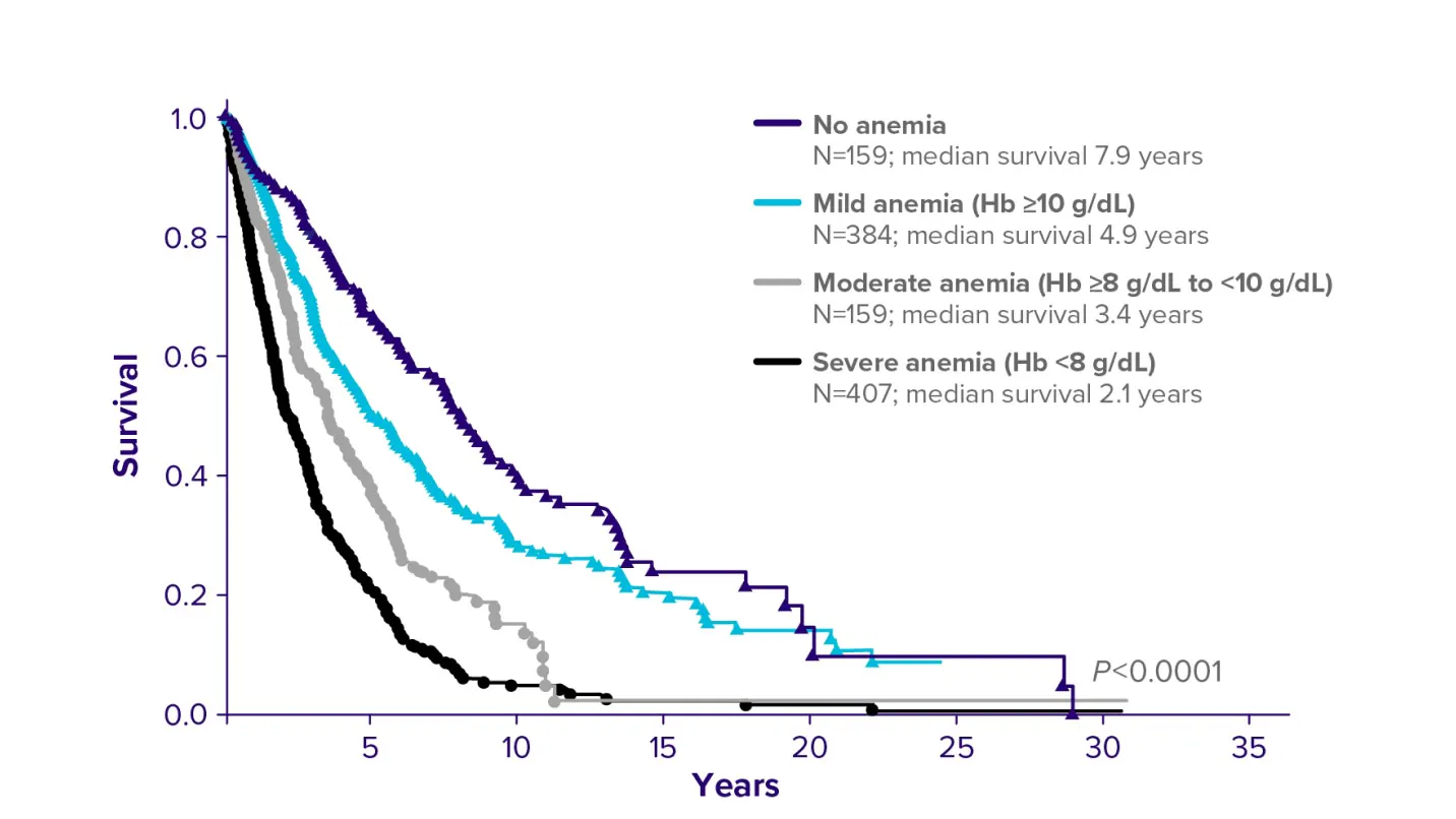 OS stratified by degree of anemia at baseline line graph.