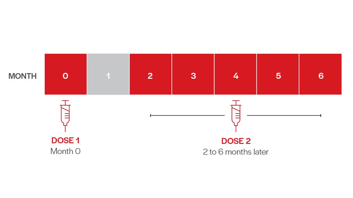 Dosing schedule: administer the first dose at Month 0 followed by a second dose 2 to 6 months later