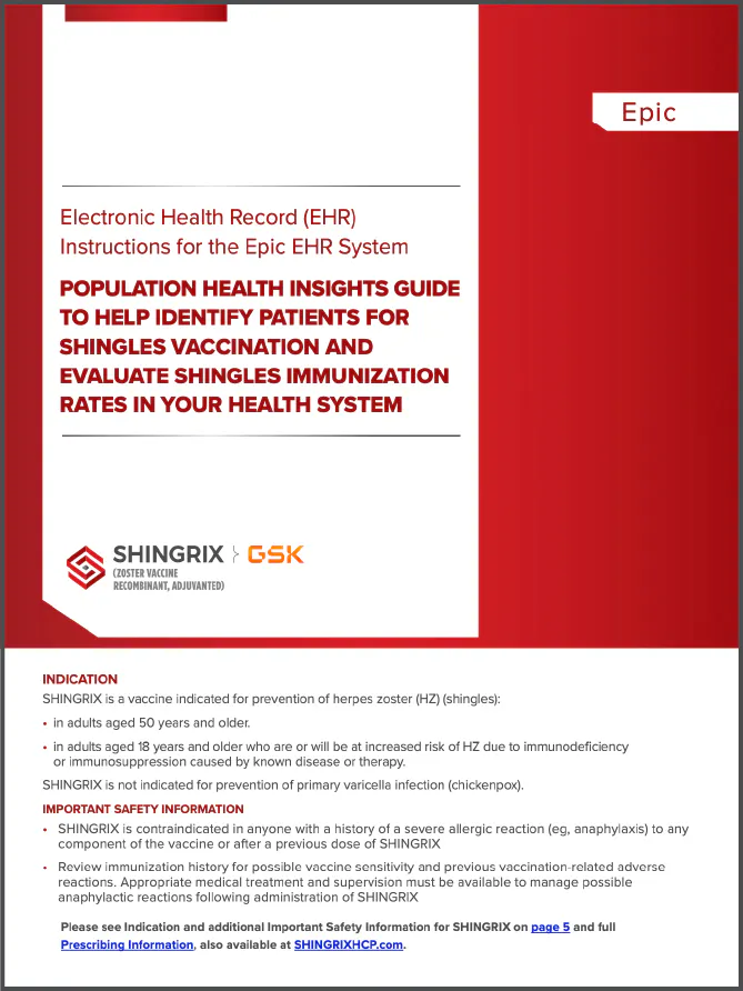 Epic: Population health insights guide to help identify patients for shingles vaccination and evaluate shingles immunization rates in your health system PDF image