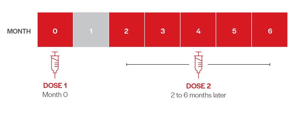 Dosing schedule: administer the first dose at Month 0 followed by a second dose 2 to 6 months later