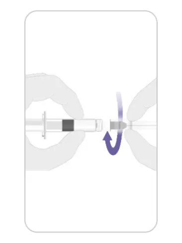 Instruction image for step 1 of reconstitution for HIBERIX with a prefilled diluent syringe. Instruction image for step 1 of reconstitution for HIBERIX with a prefilled diluent syringe.