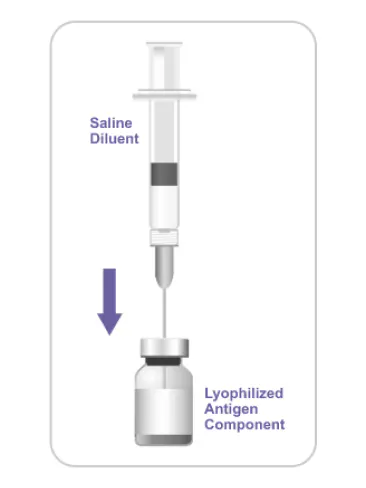 Instruction image for step 2 of reconstitution for HIBERIX with a prefilled diluent syringe. Instruction image for step 2 of reconstitution for HIBERIX with a prefilled diluent syringe.