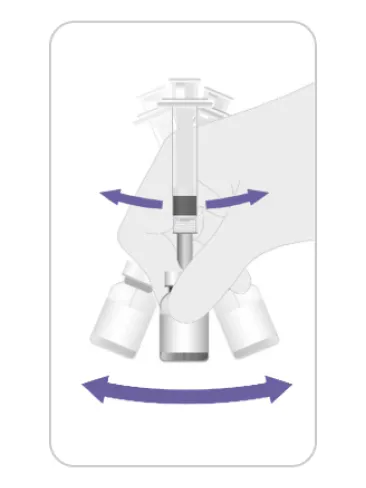 Instruction image for step 3 of reconstitution for HIBERIX with a prefilled diluent syringe. Instruction image for step 3 of reconstitution for HIBERIX with a prefilled diluent syringe.
