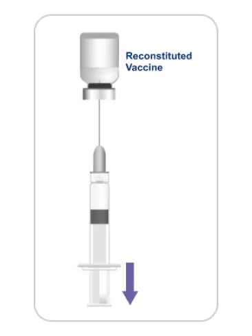 Instruction image for step 4 of reconstitution for HIBERIX with a prefilled diluent syringe. Instruction image for step 4 of reconstitution for HIBERIX with a prefilled diluent syringe.