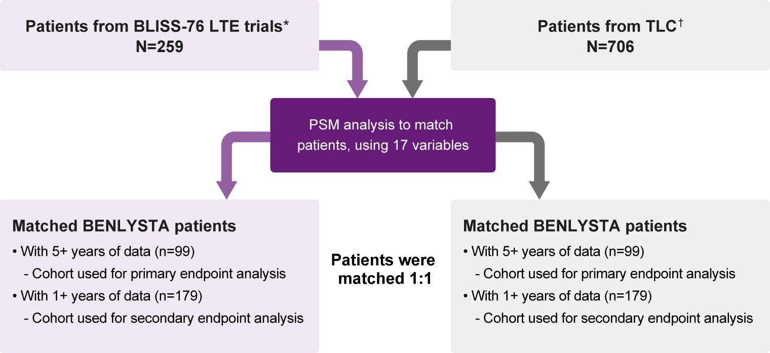 A post hoc, PSM comparative analysis was performed to assess the difference in organ damage (SDI) progression between patients in BLISS-76 LTE and from the TLC