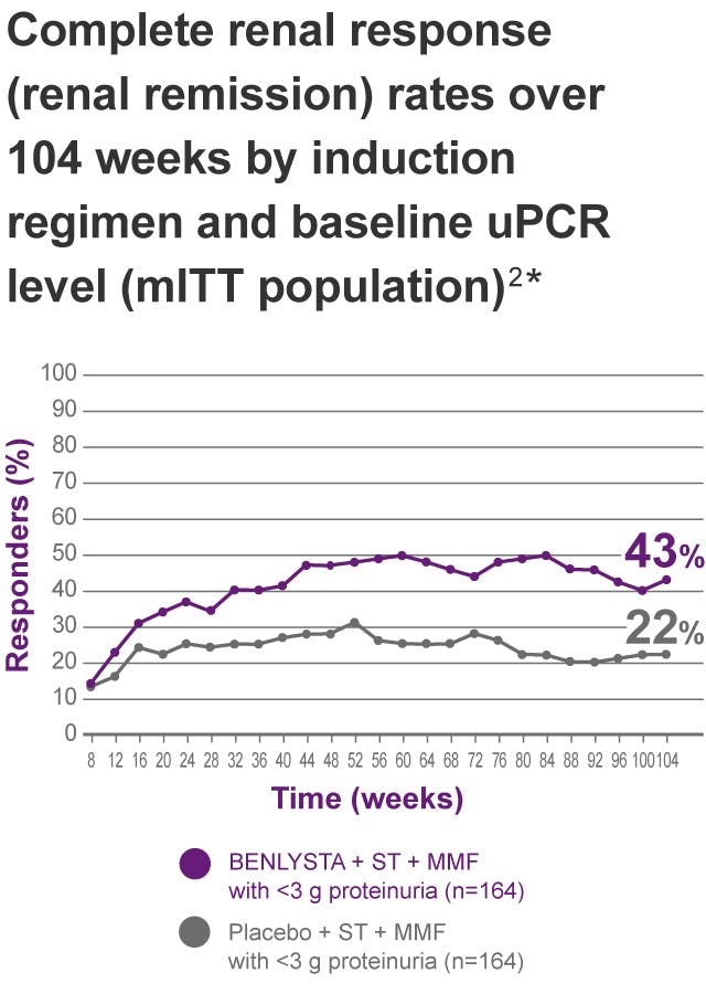 Complete renal response (renal remisson) rates over 104 weeks (mITT population)* graph