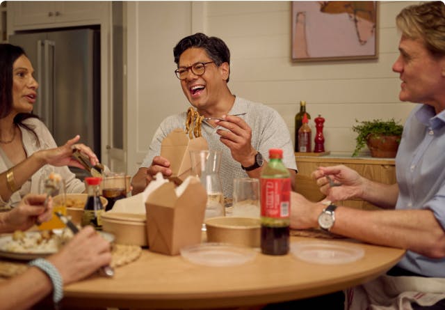 Nasal polyps patient Marco eating takeout food with three friends