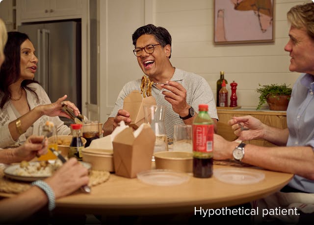 Nasal polyps patient Marco eating takeout with friends