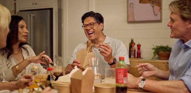 Nasal polyps patient Marco eating takeout food with three friends