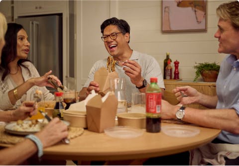 Nasal polyps patient Marco eating takeout food with three friends