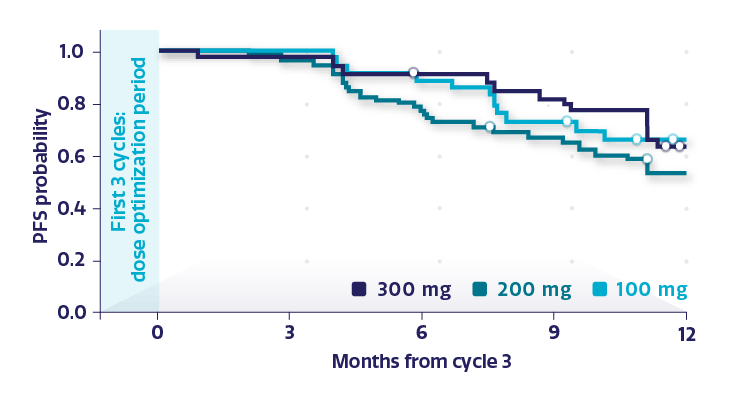 Line graph displaying the estimated PFS probability by dose level measured after cycle 3 in BRCAm subgroup Line graph displaying the estimated PFS probability by dose level measured after cycle 3 in BRCAm subgroup