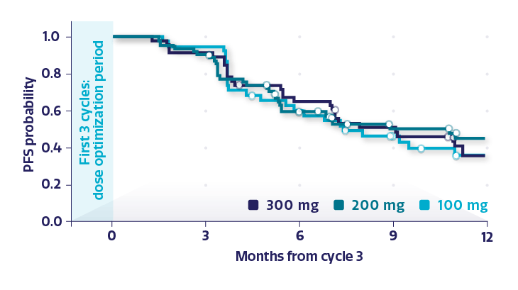 Line graph displaying the estimated PFS probability by dose level measured after cycle 3 in BRCAwt subgroup Line graph displaying the estimated PFS probability by dose level measured after cycle 3 in BRCAwt subgroup