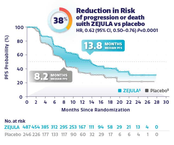 Graph showing PFS in overall population with 38% reduction in risk of disease progression or death. Graph showing PFS in overall population with 38% reduction in risk of disease progression or death.