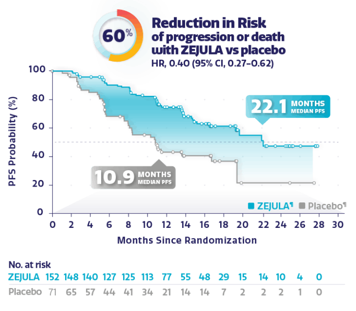 Graph showing PFS observed in HRd BRCAwt population with 60% reduction in risk of disease progression or death. Graph showing PFS observed in HRd BRCAwt population with 60% reduction in risk of disease progression or death.
