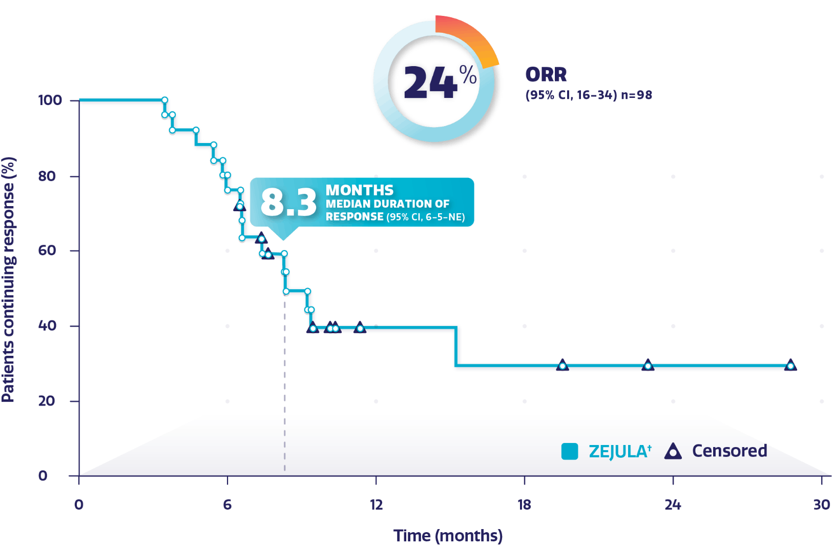 Graph showing the median duration of response in the indicated population. Graph showing the median duration of response in the indicated population.