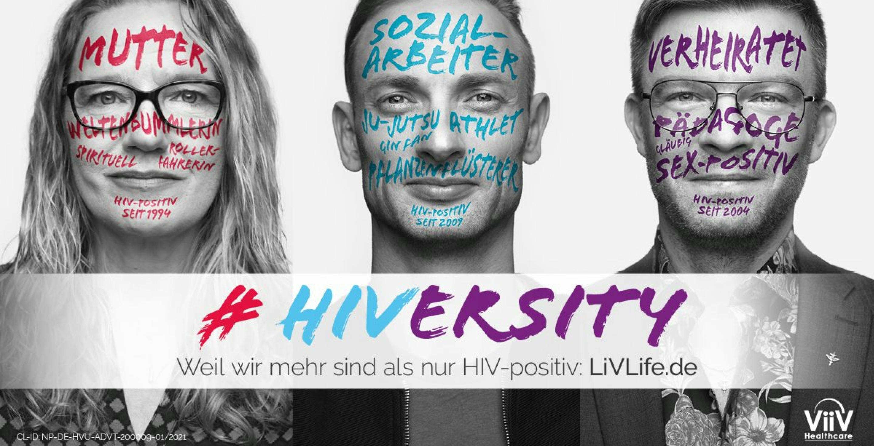 #HIVersity Kampagnenbild von Sarah, Denis und Christoph mit ihren ins Gesicht geschriebenen individuellen Botschaften