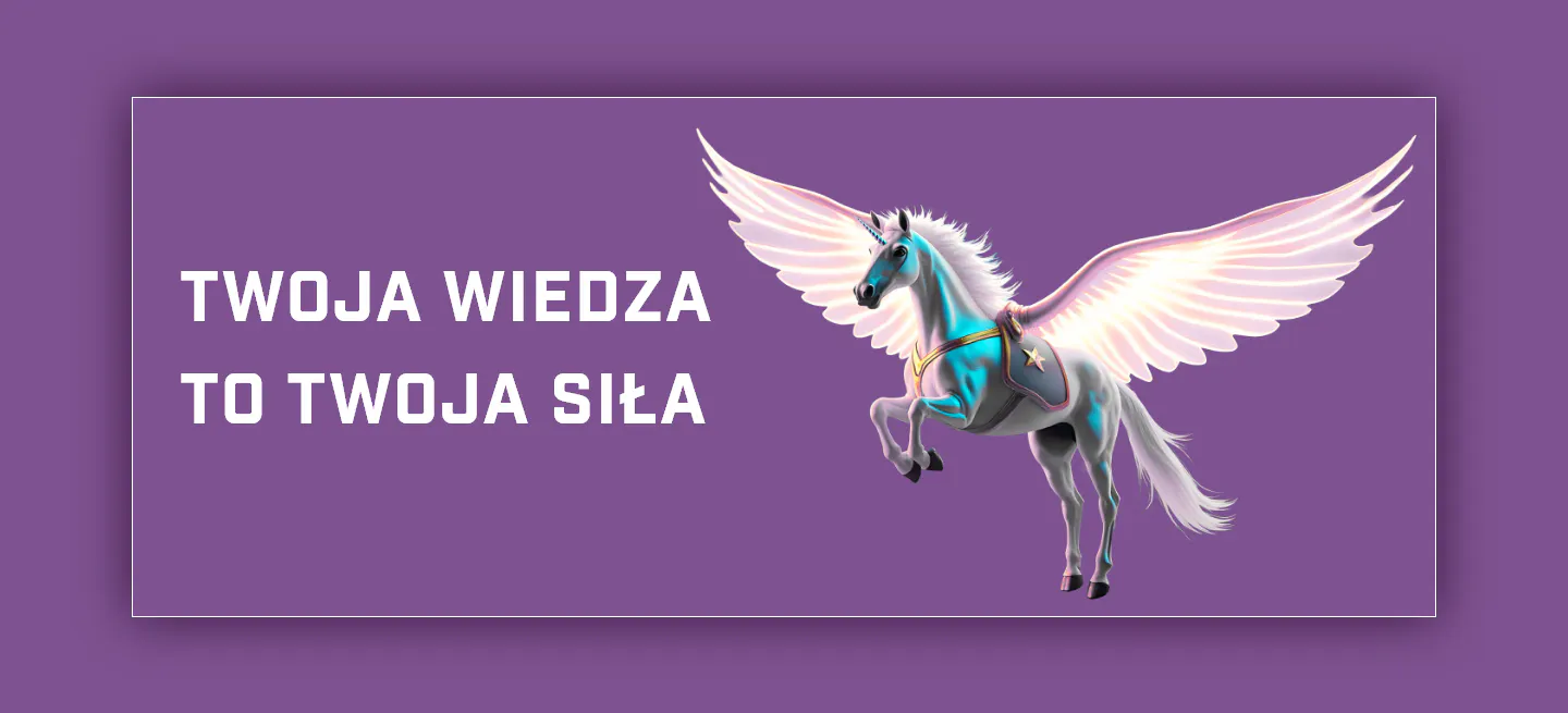 Ilustracja skrzydlatego jednorożca unoszącego się w powietrzu.