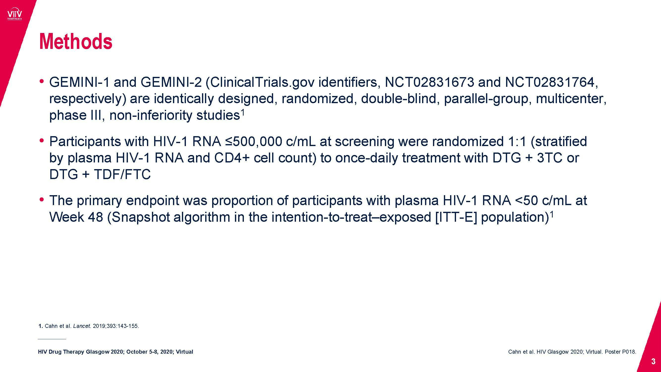 GEMINI 1&2 144 week study HIV Glasgow 2020 Presentation ViiV