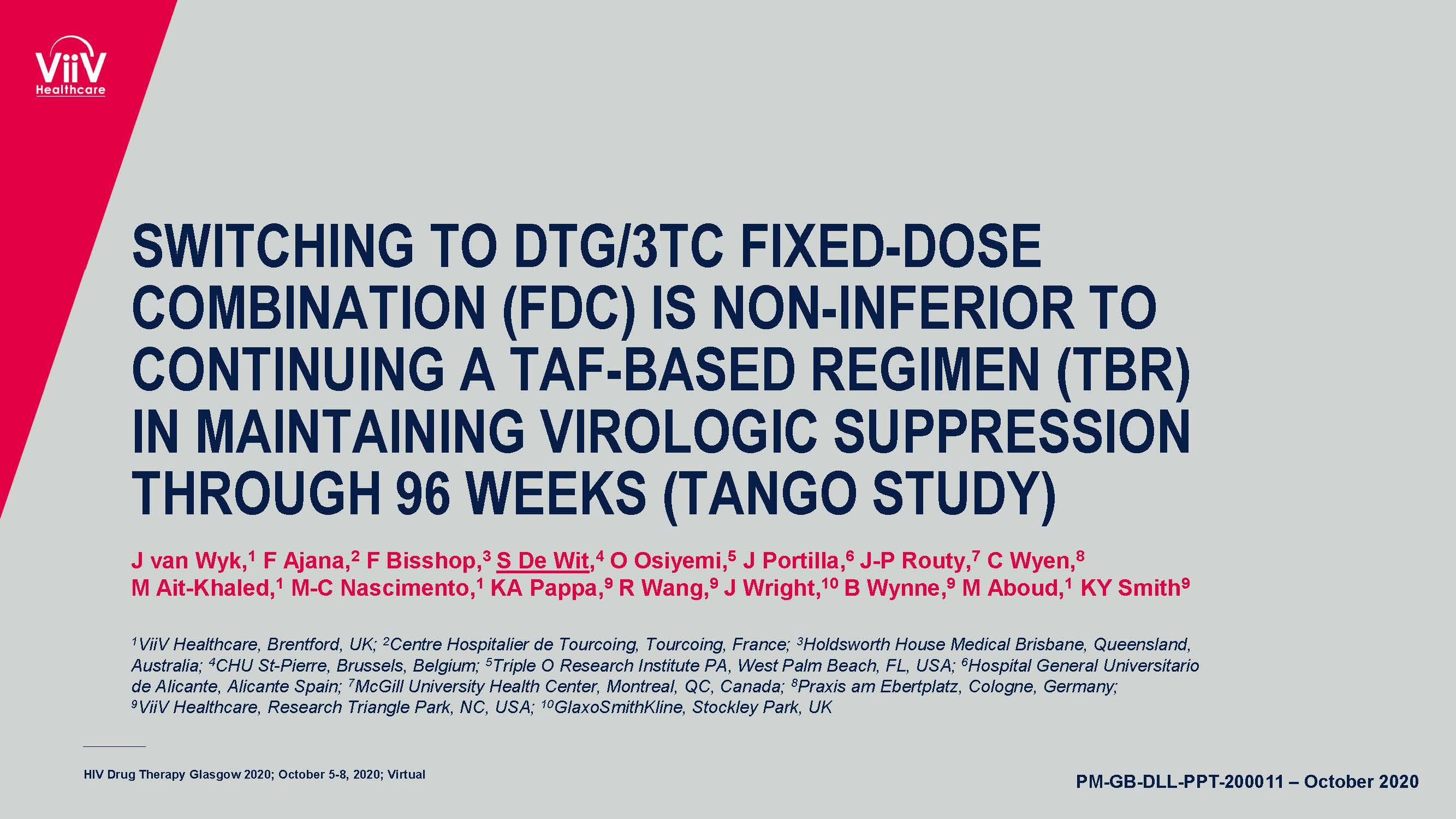 TANGO 96 week HIV Glasgow 2020 Presentation ViiV Healthcare Exchange