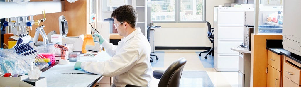 Researcher sitting at his lab desk working