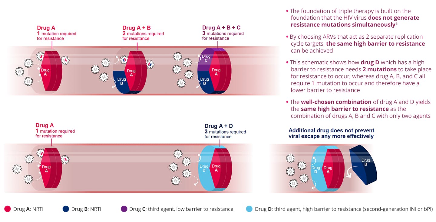 The foundation of triple therapy is built on the foundation that the HIV virus does not generate resistance mutations simultaneously. By choosing ARVs that act as 2 separate replication cycle targets, the same high barrier to resistance can be achieved. The foundation of triple therapy is built on the foundation that the HIV virus does not generate resistance mutations simultaneously. By choosing ARVs that act as 2 separate replication cycle targets, the same high barrier to resistance can be achieved.