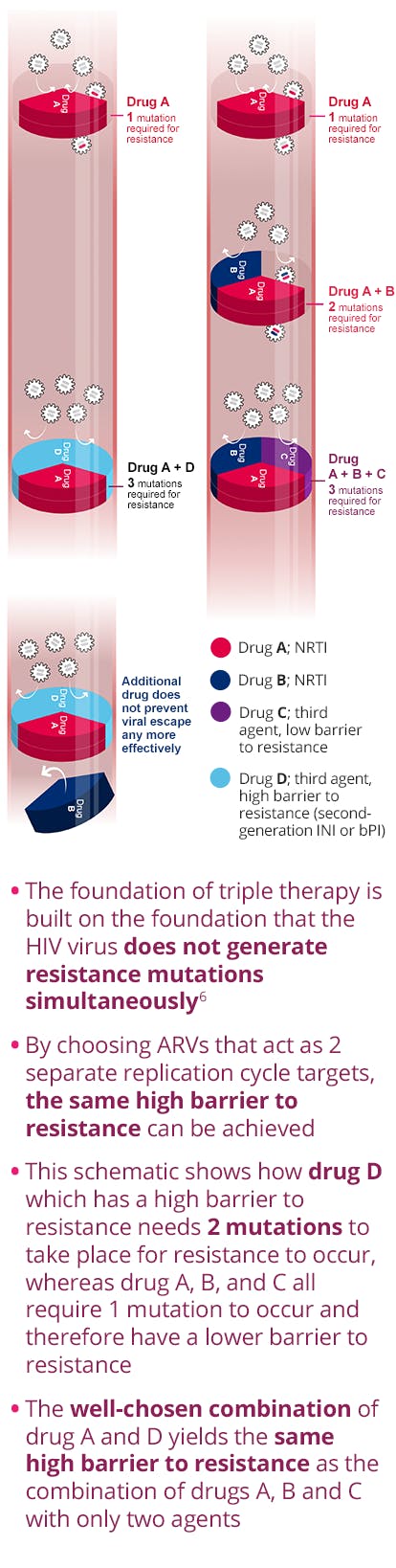 The foundation of triple therapy is built on the foundation that the HIV virus does not generate resistance mutations simultaneously. By choosing ARVs that act as 2 separate replication cycle targets, the same high barrier to resistance can be achieved. The foundation of triple therapy is built on the foundation that the HIV virus does not generate resistance mutations simultaneously. By choosing ARVs that act as 2 separate replication cycle targets, the same high barrier to resistance can be achieved.