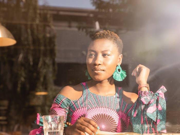 A woman sitting in a cafe