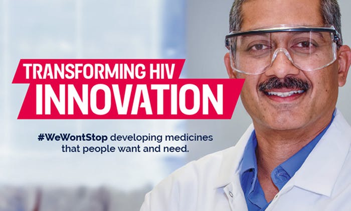 Person in lab coat with text Transforming HIV Innovation and hashtag #WeWontStop developing medicines that people want and need.