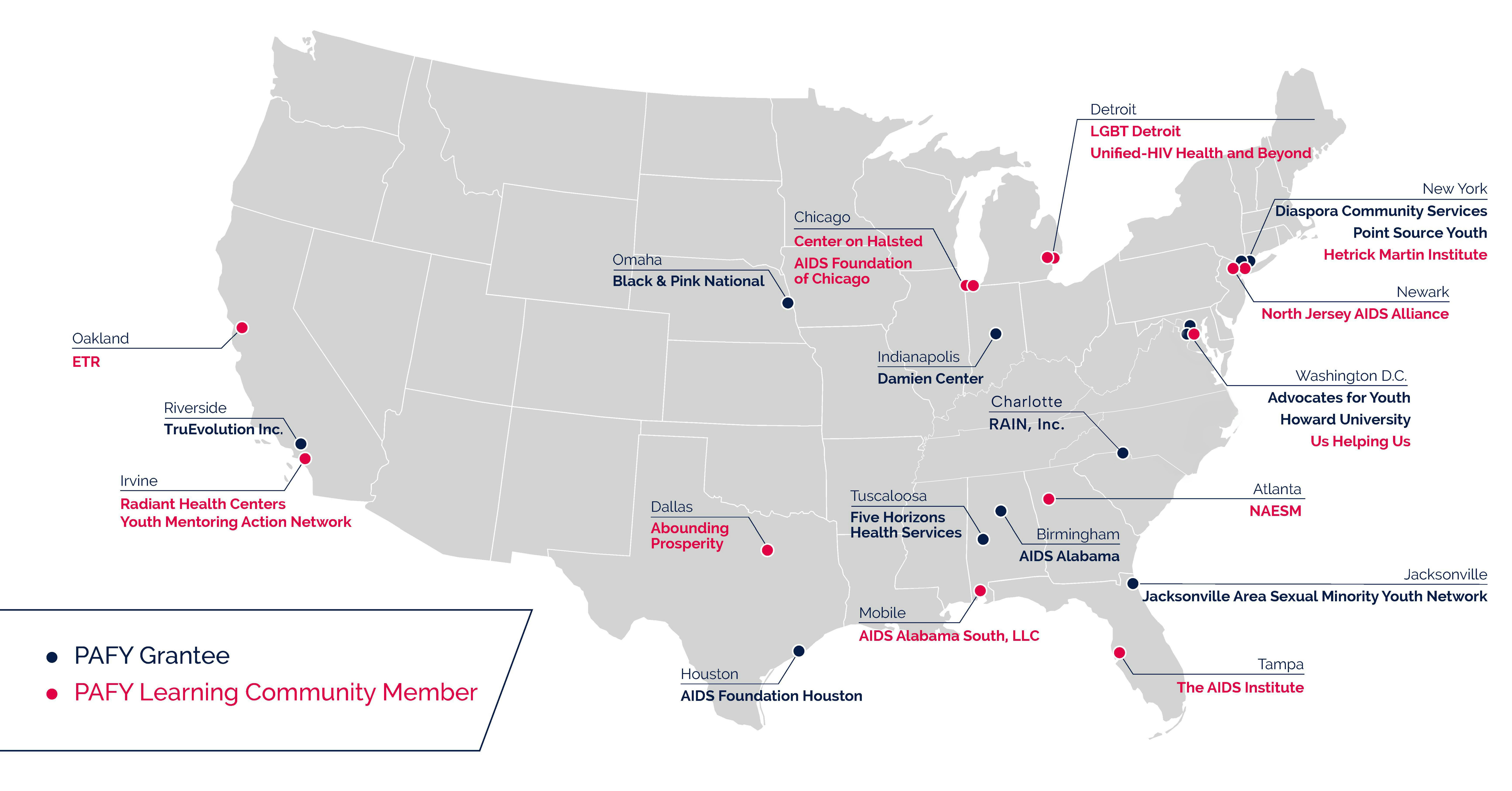 Positive Action for Youth map identifying locations of Grantees, Community Members, and Youth Innovators