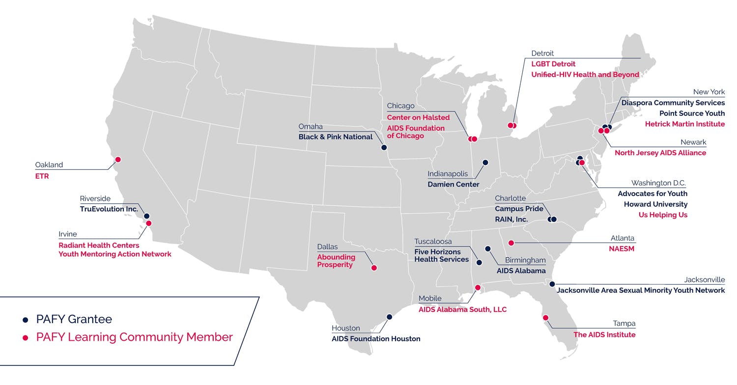 Positive Action for Youth map identifying locations of Grantees, Community Members, and Youth Innovators