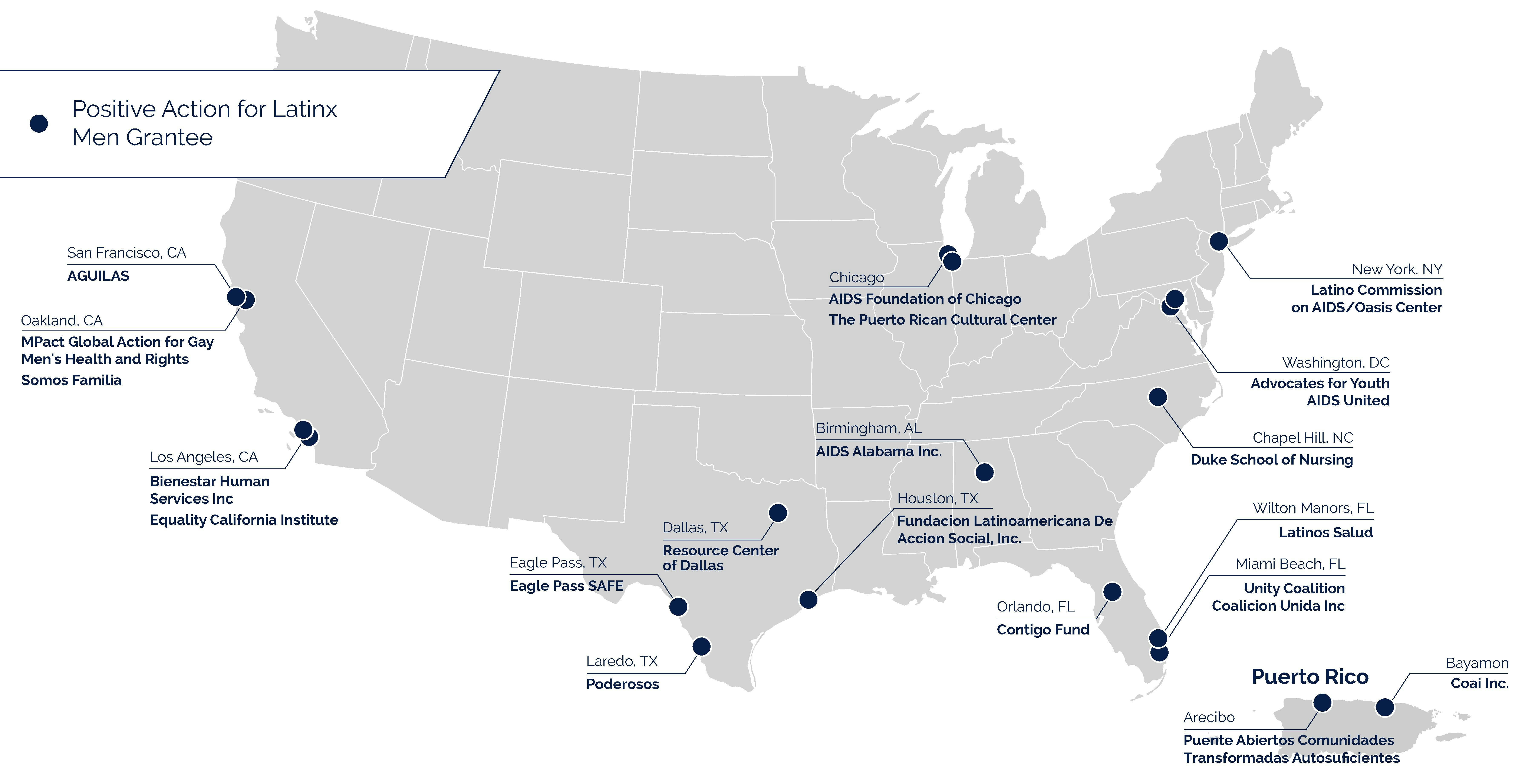 Positive Action for Latinx Men map identifying locations where grants have been given and listening tour sites Positive Action for Latinx Men map identifying locations where grants have been given and listening tour sites