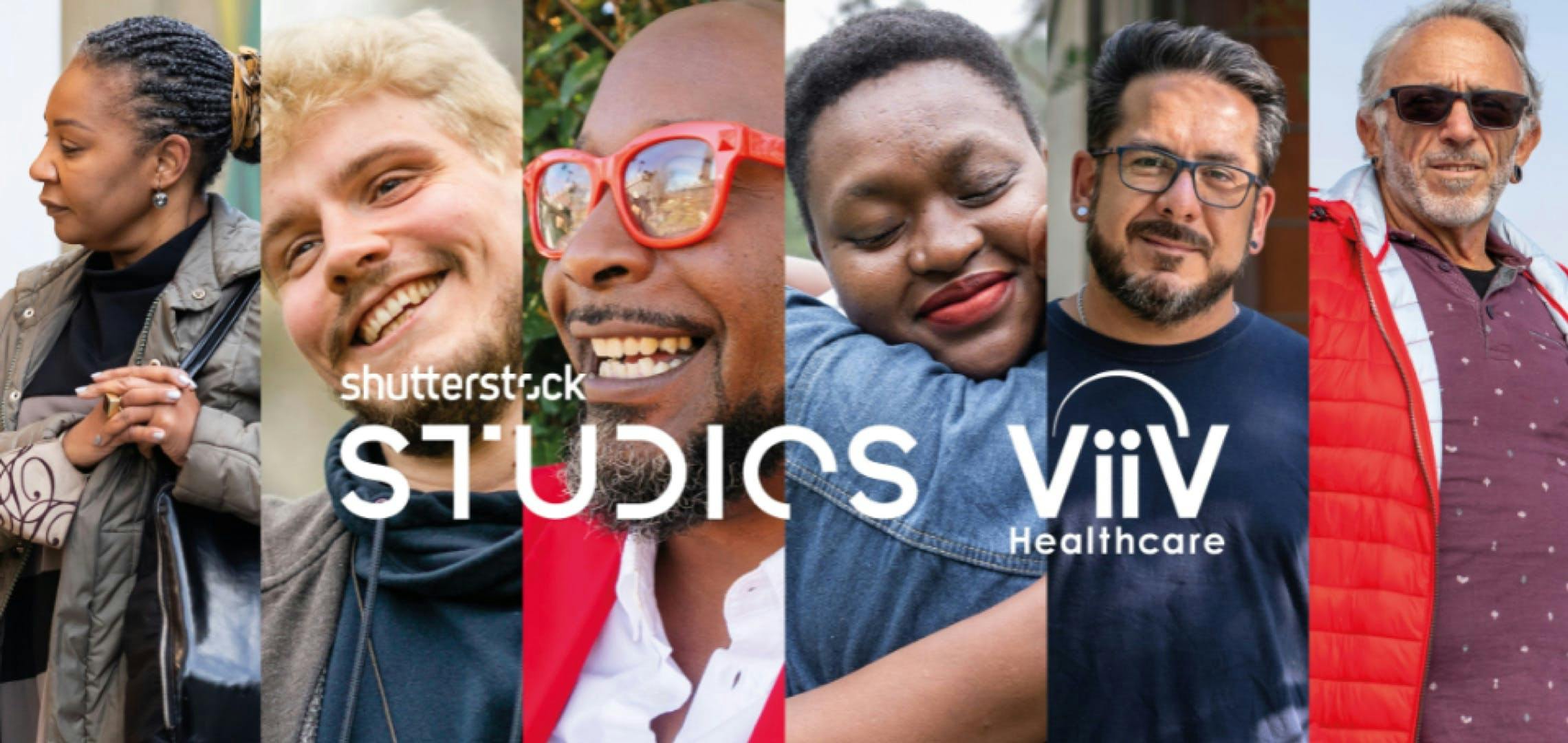 Assemblage de six photos de personnes et les mots Shutterstock Studio et ViiV Soins de santé